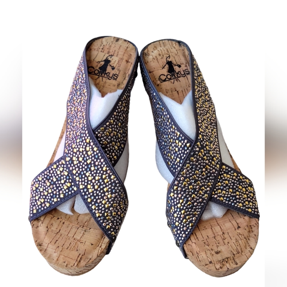 Corkys Wedge Sandles, Opal, Elastic Strap, Cork, Grey, 35-1511-GREY-R, 2- SIZE 8